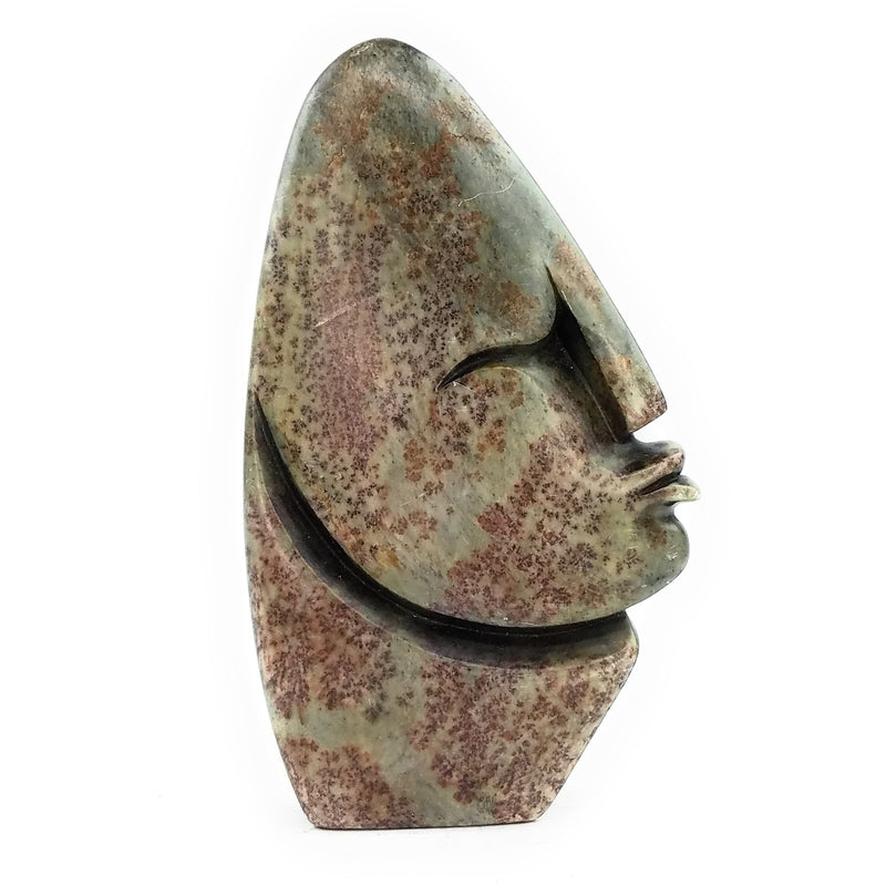 Abstract Half Face Sculpture – Pointed Head Light Green Shona Stone with Brown Speckles