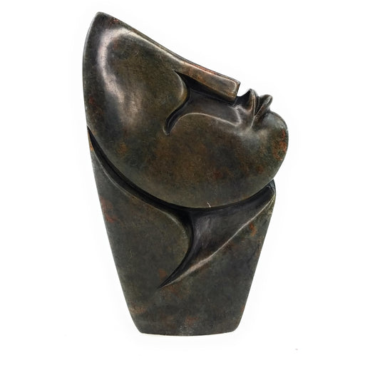 Abstract Half Face Sculpture – Leaning Back Dark Serpentine Shona Stone