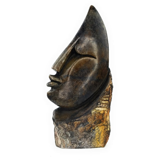 Abstract Half Face Sculpture – Pointed Head Black Earth-Tone Shona Art