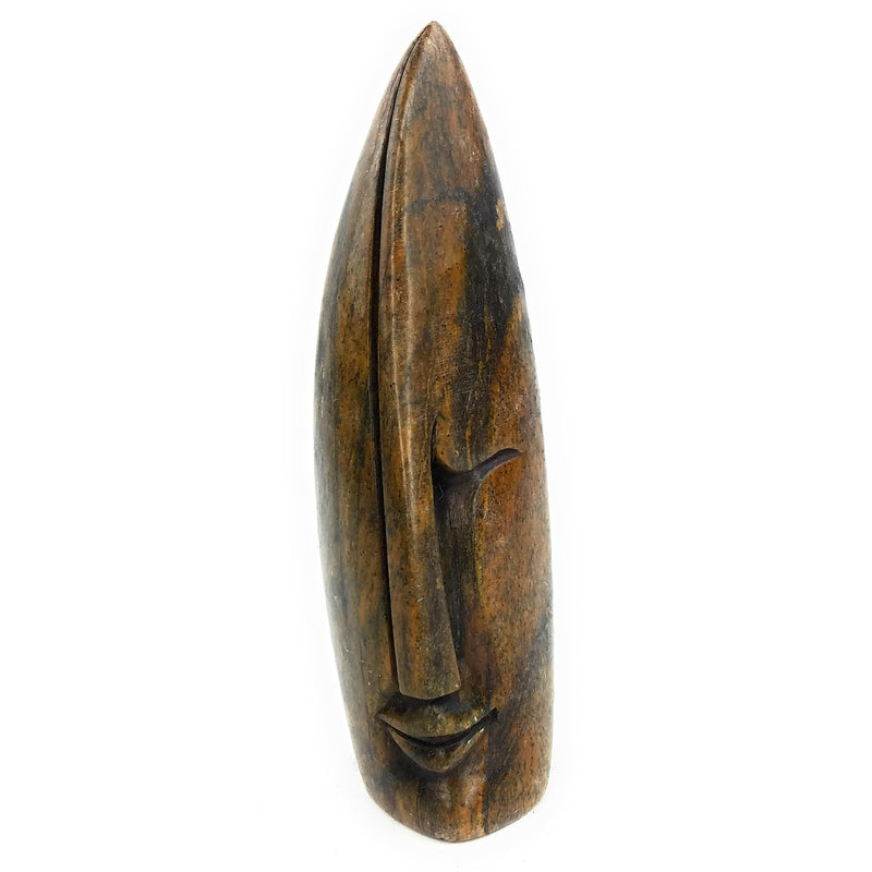 Abstract Half Face Sculpture – Pointed Head Green & Brown Shona Stone Art