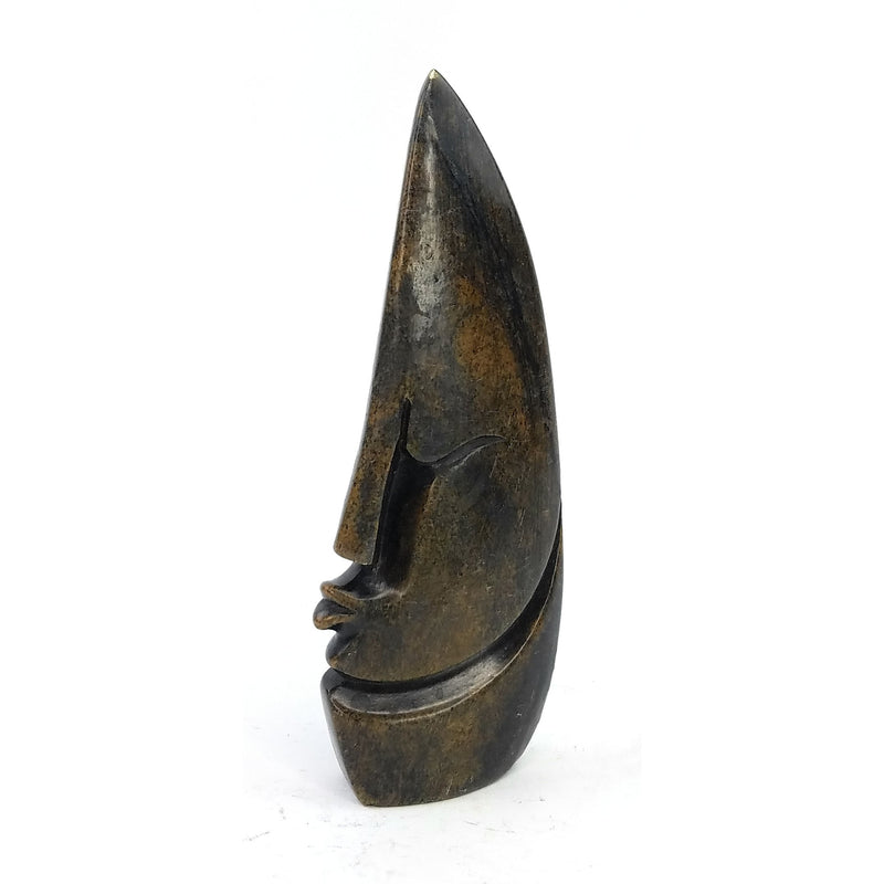 Abstract Half Face Sculpture – Pointed Head Dark Green Shona Stone Art