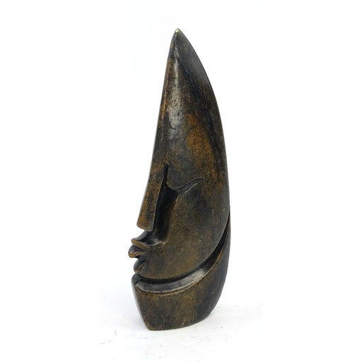 Abstract Half Face Sculpture – Pointed Head Dark Green Shona Stone Art