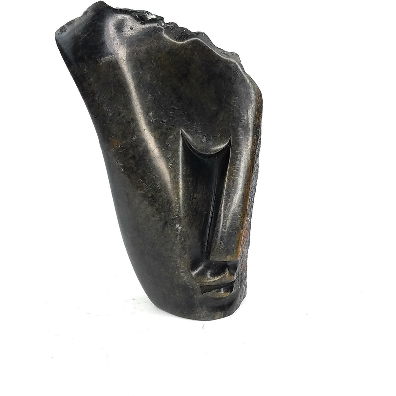 Abstract Half Face Sculpture – Pointed Head Dark Serpentine Shona Stone