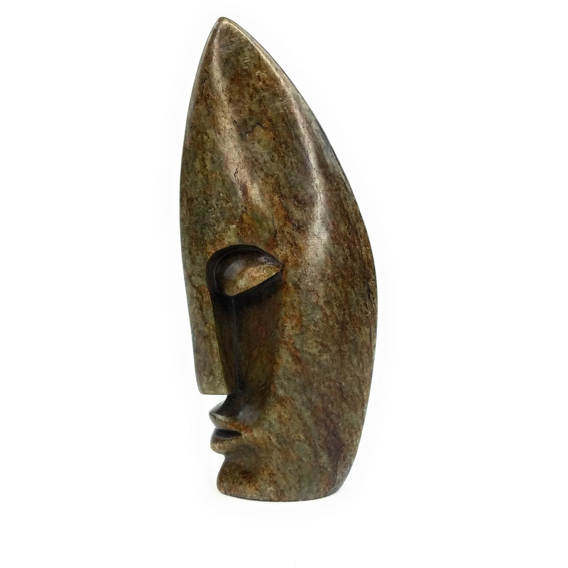 Abstract Half Face Sculpture – Pointed Head Green & Brown Shona Stone Art