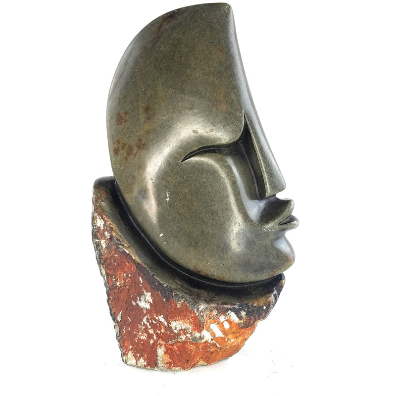 Abstract Half Face Sculpture – Pointed Head Green Serpentine on Raw Base