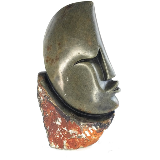 Abstract Half Face Sculpture – Pointed Head Green Serpentine on Raw Base