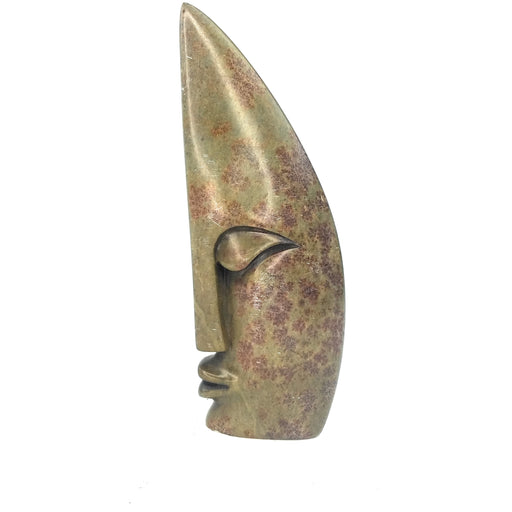 Abstract Half Face Sculpture – Pointed Head Light Green Shona Stone with Brown Speckles
