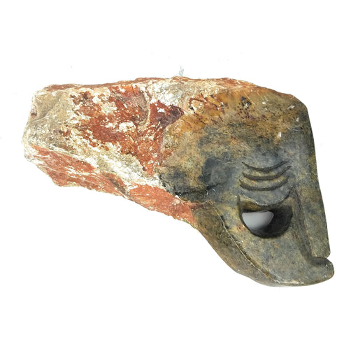 A hand-carved stone sculpture of an abstract face, with a mix of brown and reddish hues, indicative of the Shona art style.