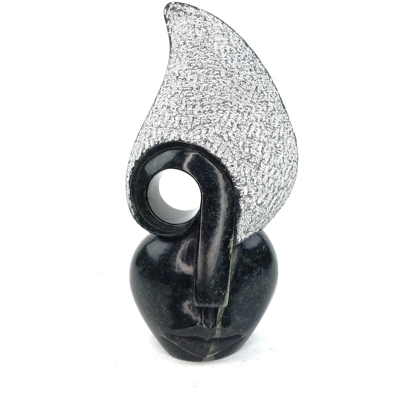 Abstract Lady Face Sculpture – Hand Carved Shona Black Stone Art