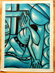 A canvas painting featuring a woman kneeling and covering her face, with abstract blue and black geometric patterns in the background.