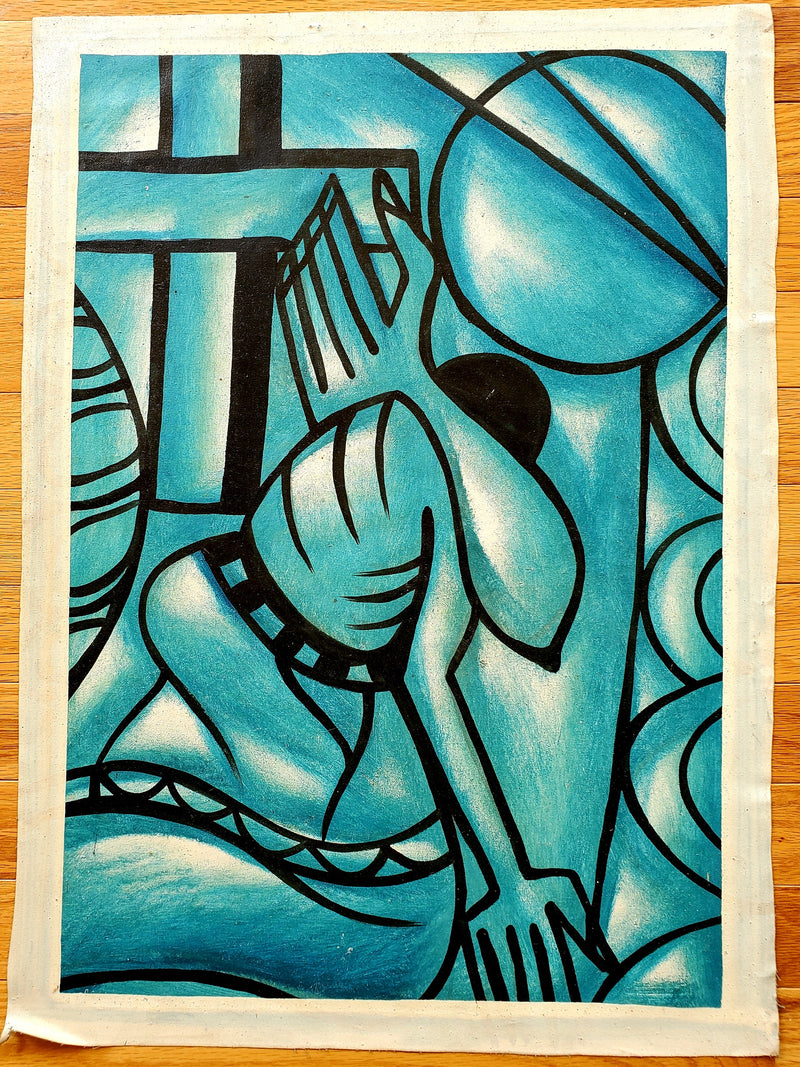 A canvas painting featuring a woman kneeling and covering her face, with abstract blue and black geometric patterns in the background.