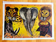 A canvas painting featuring the Big Five safari animals - a lion, leopard, buffalo, elephant, and rhinoceros - in vivid color and bold outlines.