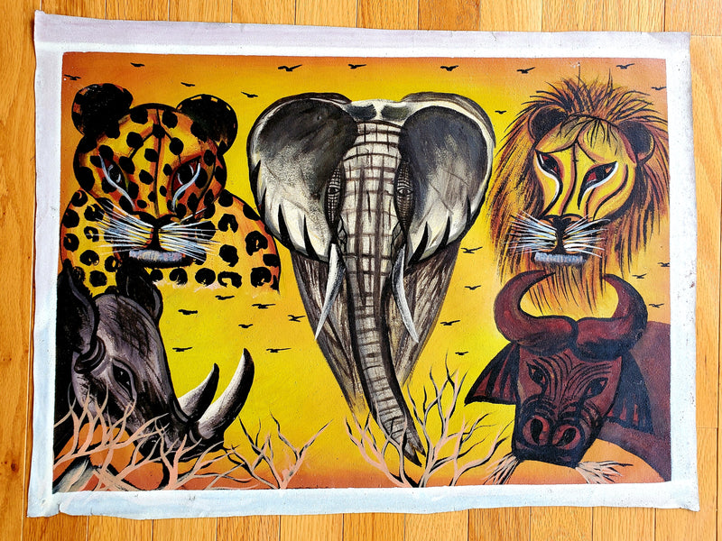 A canvas painting featuring the Big Five safari animals - a lion, leopard, buffalo, elephant, and rhinoceros - in vivid color and bold outlines.