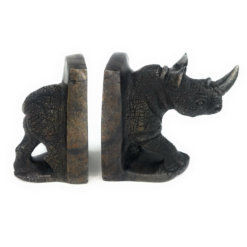 African Brown Rhino Bookends – Textured Serpentine Stone