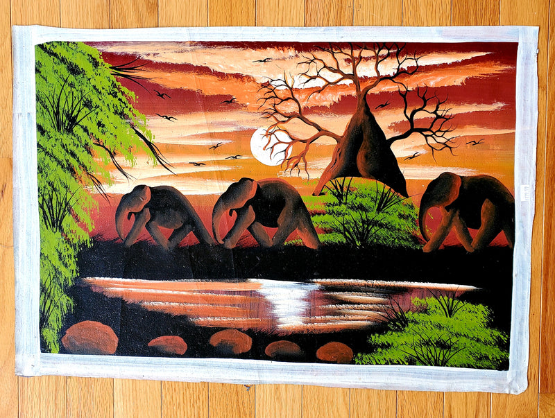 African Elephant Family Sunset Painting on Canvas