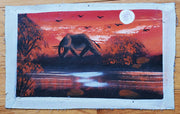 A painting on canvas featuring an African elephant in a sunset landscape with red, black, and white colors.