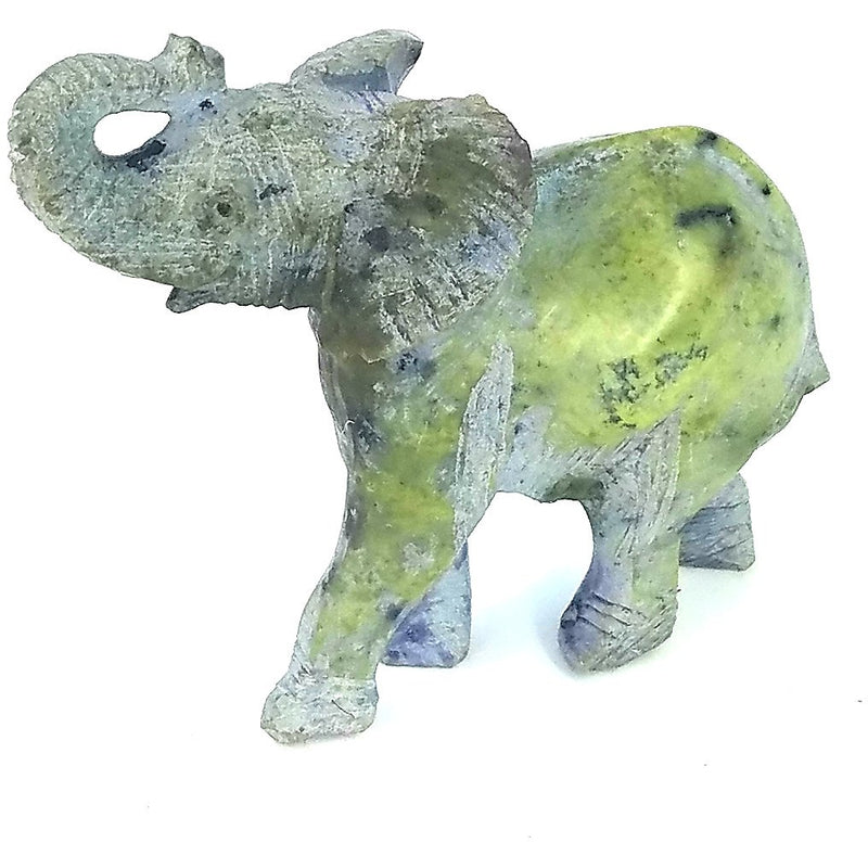 African Elephant Statue – 4” Green Earthtone Serpentine Trunk Up Sculpture, Handmade Zimbabwe