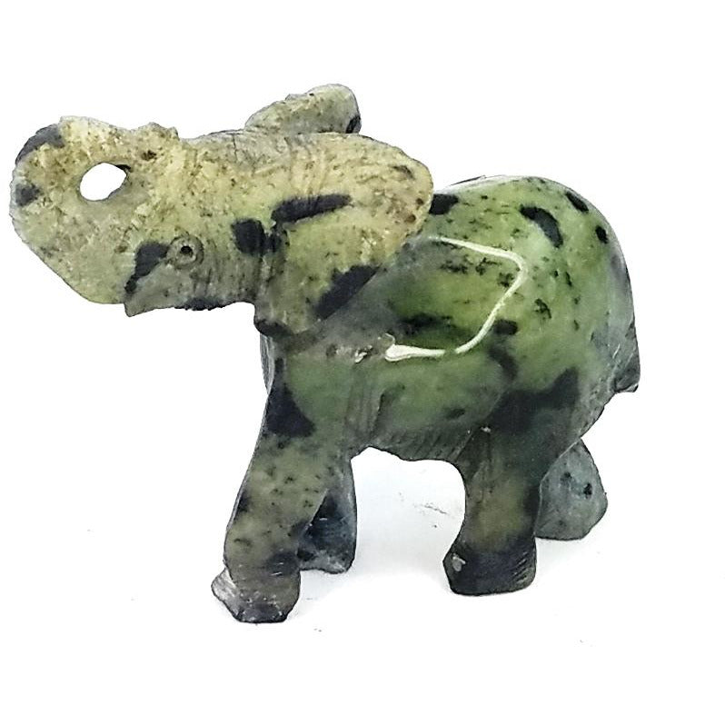 African Elephant Statue – 4” Leopard Stone Trunk Up Elephant, Hand Carved in Zimbabwe