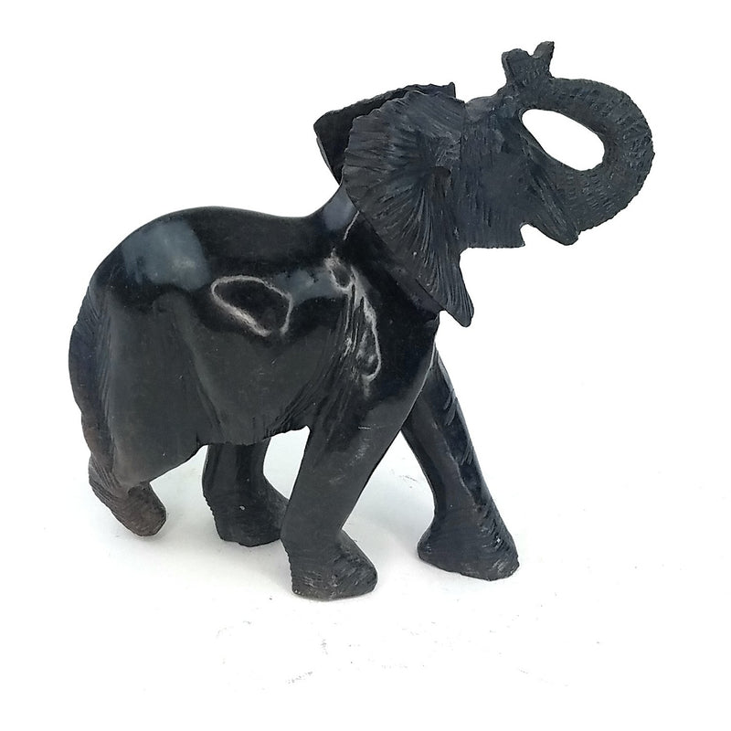 African Elephant Statue – 7” Black Serpentine Trunk Up Sculpture, Hand Carved Zimbabwe