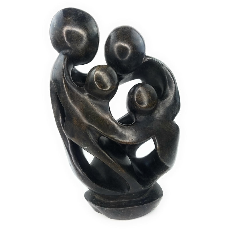 African Family Sculpture – Ukama Family of 4 Dark Serpentine Stone Art, 14” Handmade Zimbabwe