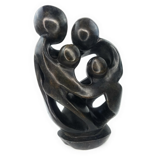 African Family Sculpture – Ukama Family of 4 Dark Serpentine Stone Art, 14” Handmade Zimbabwe