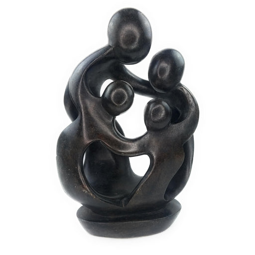 African Family of 4 Sculpture – Ukama Black Serpentine Stone Art, 13” Zimbabwe