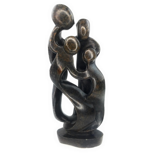 African Family of 4 Sculpture – Ukama Brown Black Serpentine Stone Art, 14” Zimbabwe