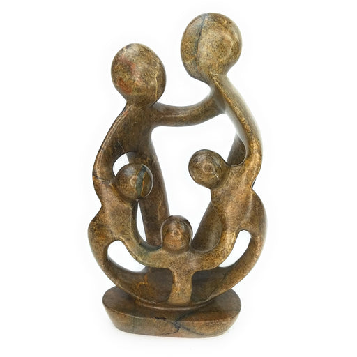 African Family of 5 Sculpture – Ukama Brown Serpentine Stone Art, 10.5” Zimbabwe Handmade