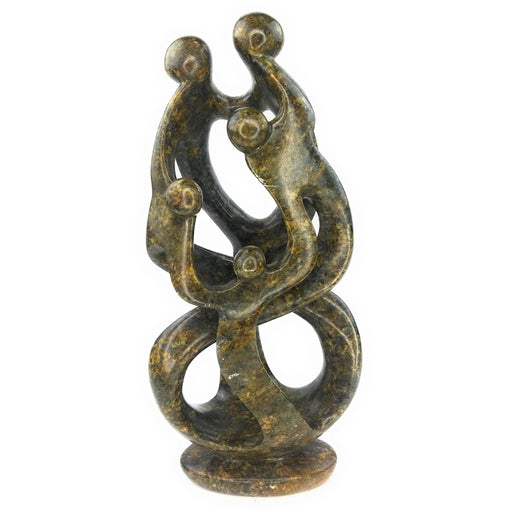 African Family of 5 Sculpture – Ukama Green Yellow Serpentine Stone Art, 15” Zimbabwe