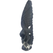 A black serpentine sculpture of an African fish eagle perched on a tree with a catch, handcrafted by Shona artisans in Zimbabwe.