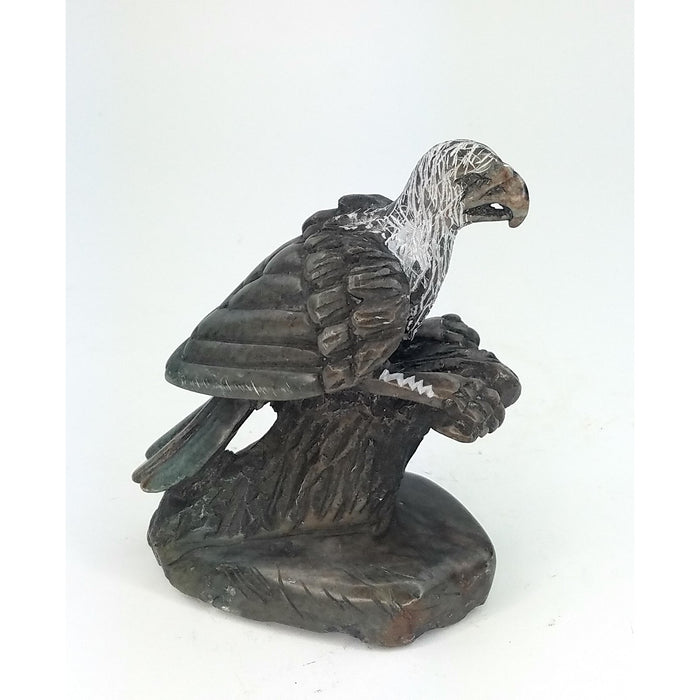 African Fish Eagle Sculpture on Branch – Hand-Carved Serpentine from Zimbabwe