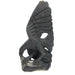 A black serpentine sculpture of an African fish eagle perched on a tree with a catch, handcrafted by Shona artisans in Zimbabwe.