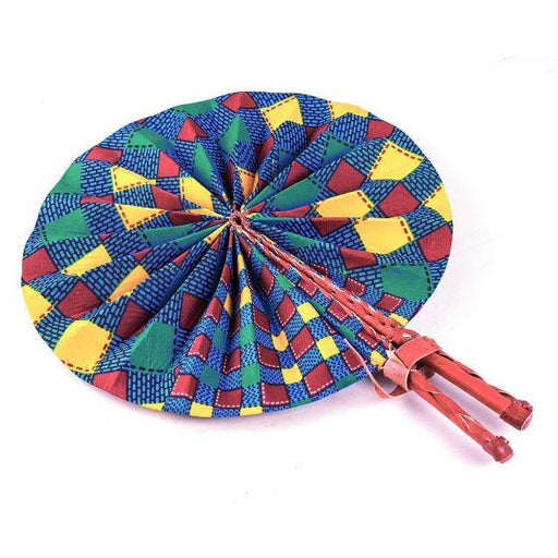 African Hand Fan – Blue African Print Design – Authentic Ankara Print Cloth & Leather Folding Fan | Handmade in Ghana