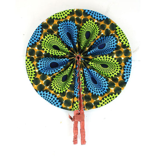 African Hand Fan – Blue Olive Circle Design – Authentic Ankara Print Cloth & Leather Folding Fan | Handmade in Ghana