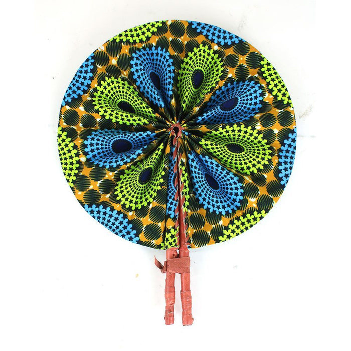 African Hand Fan – Blue Olive Circle Design – Authentic Ankara Print Cloth & Leather Folding Fan | Handmade in Ghana