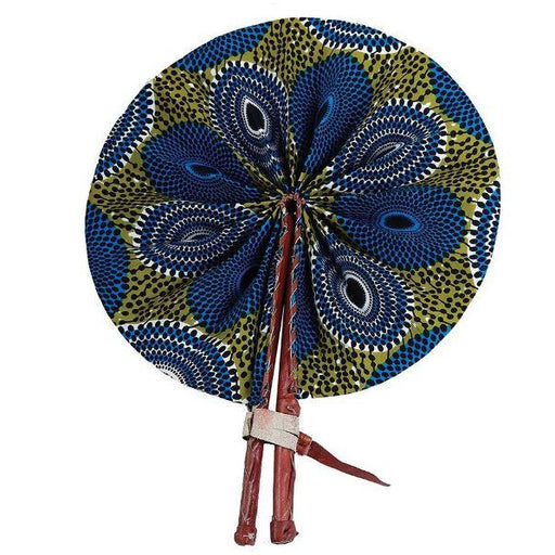 African Hand Fan – Blue Olive Circles Design – Authentic Ankara Print Cloth & Leather Folding Fan | Handmade in Ghana