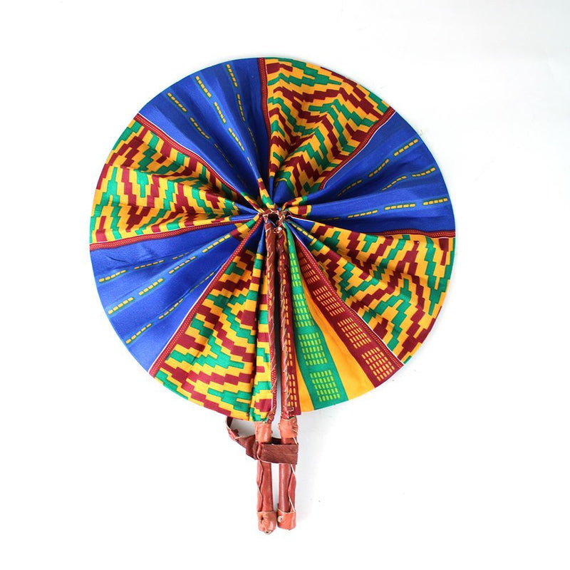 African Hand Fan – Blue Orange Kente Design – Authentic Ankara Print Cloth & Leather Folding Fan | Handmade in Ghana