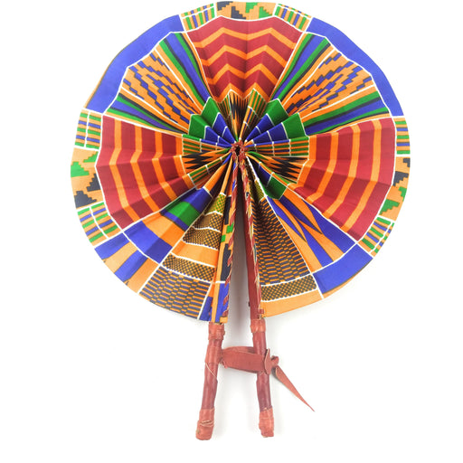 African Hand Fan – Blue Red Kente Design – Authentic Ankara Print Cloth & Leather Folding Fan | Handmade in Ghana