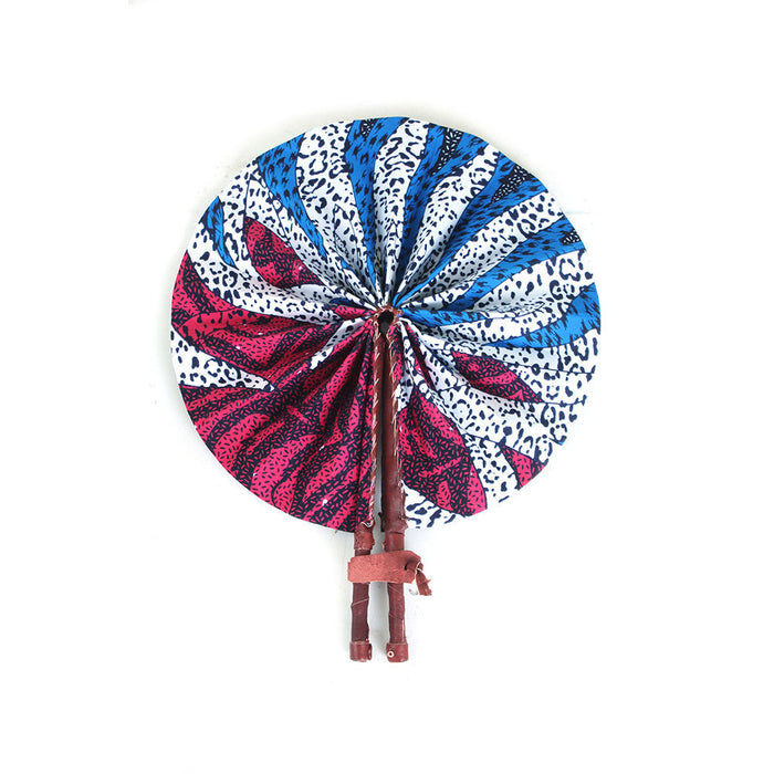 African Hand Fan – Blue White Pink Sun – Authentic Ankara Print Cloth & Leather Folding Fan | Handmade in Ghana