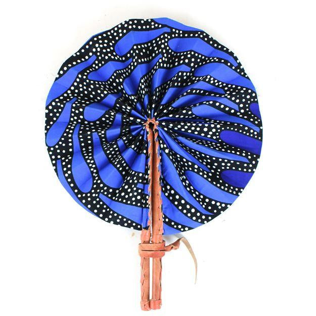 African Hand Fan – Blue and Black Dot – Authentic Ankara Print Cloth & Leather Folding Fan | Handmade in Ghana