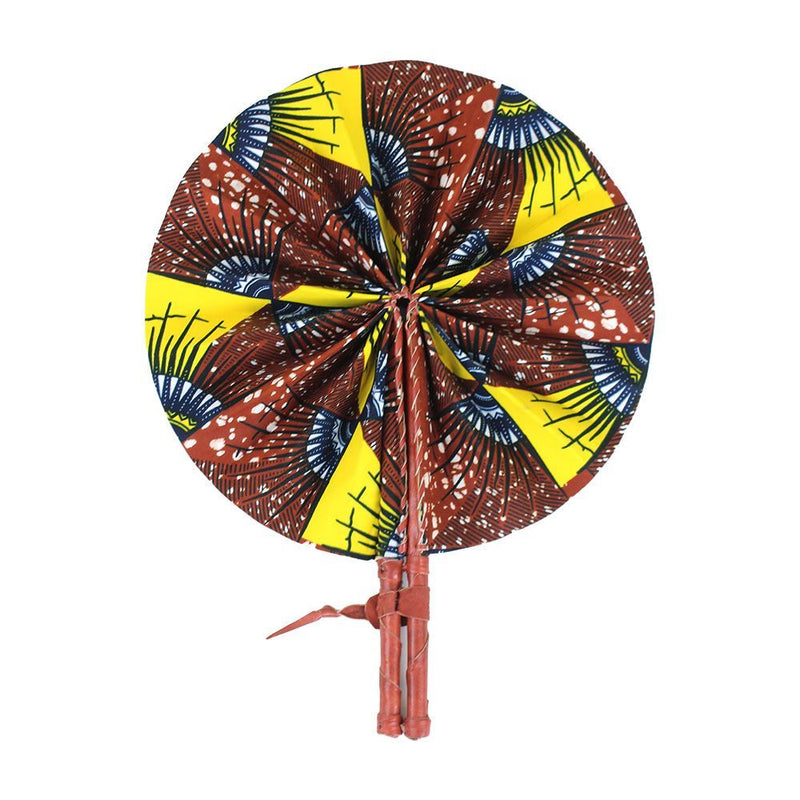 African Hand Fan – Brown African Print – Authentic Ankara Print Cloth & Leather Folding Fan | Handmade in Ghana