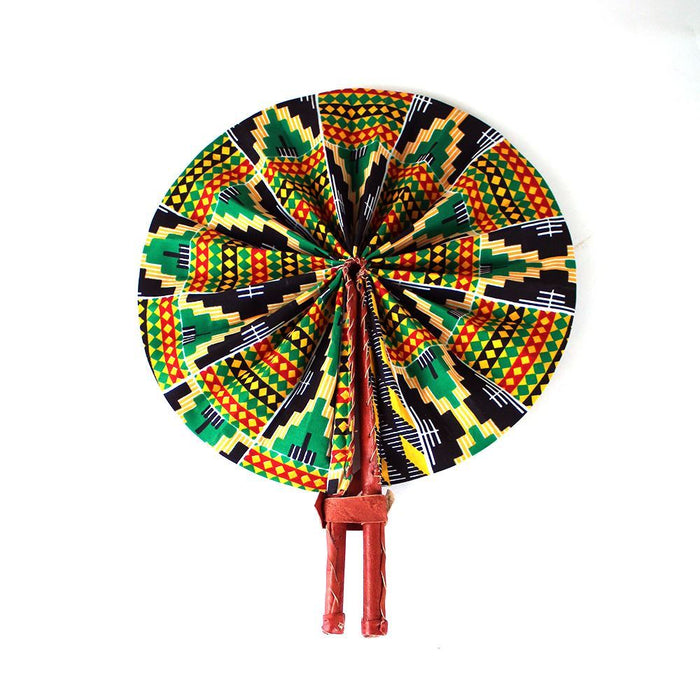 African Hand Fan – Green Orange Kente Design – Authentic Ankara Print Cloth & Leather Folding Fan | Handmade in Ghana