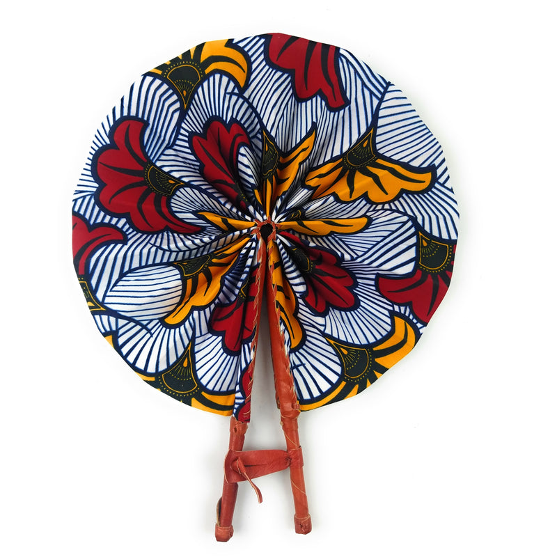African Hand Fan – Grey Burgundy Yellow – Authentic Ankara Print Cloth & Leather Folding Fan | Handmade in Ghana