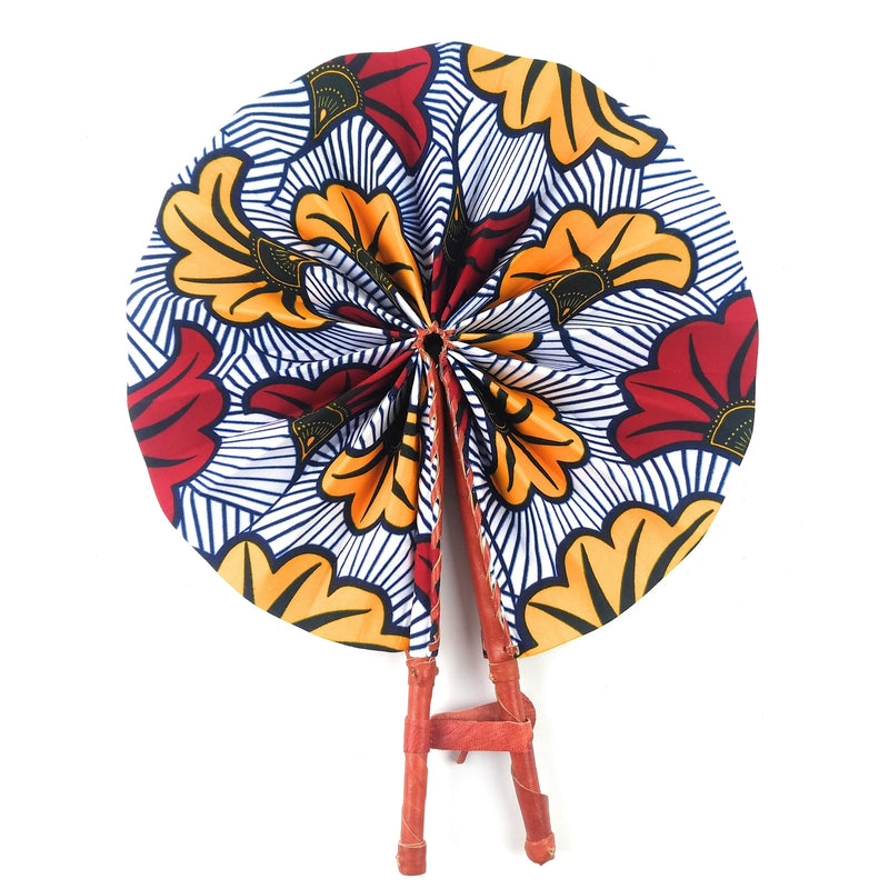 African Hand Fan – Grey Burgundy Yellow | Handmade in Ghana