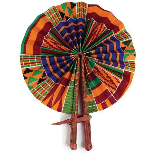 African Hand Fan – Kenya Kente – Authentic Ankara Print Cloth & Leather Folding Fan | Handmade in Ghana