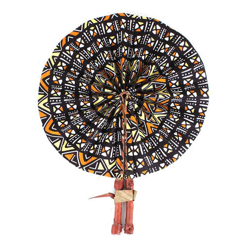 African Hand Fan – Mud Print Design – Authentic Ankara Print Cloth & Leather Folding Fan | Handmade in Ghana