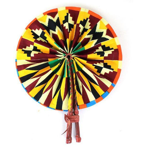 African Hand Fan – Multi Color Design – Authentic Ankara Print Cloth & Leather Folding Fan | Handmade in Ghana