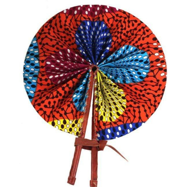 African Hand Fan – Multi Color Dot Design – Authentic Ankara Print Cloth & Leather Folding Fan | Handmade in Ghana