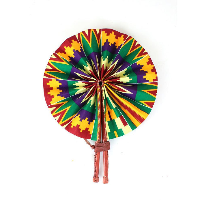 African Hand Fan – Multi Color Kente Design – Authentic Ankara Print Cloth & Leather Folding Fan | Handmade in Ghana