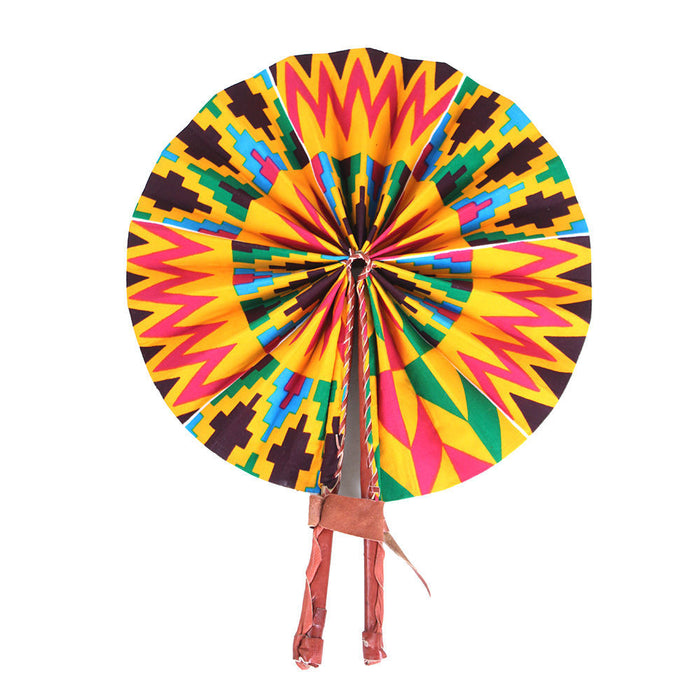 African Hand Fan – Multi Color Rainbow – Authentic Ankara Print Cloth & Leather Folding Fan | Handmade in Ghana
